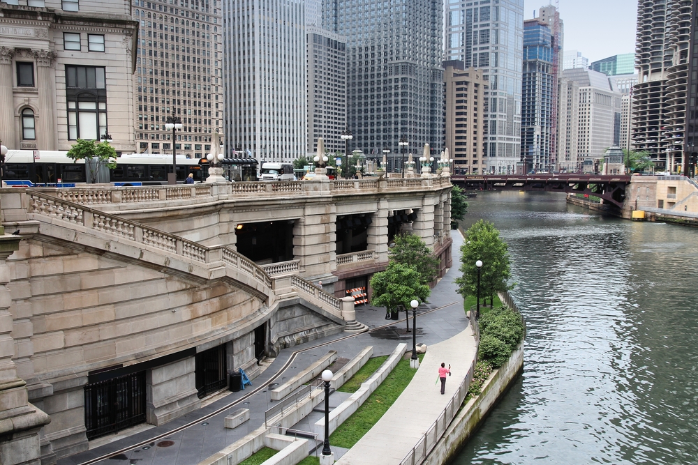 Runner along Chicago riverwalk